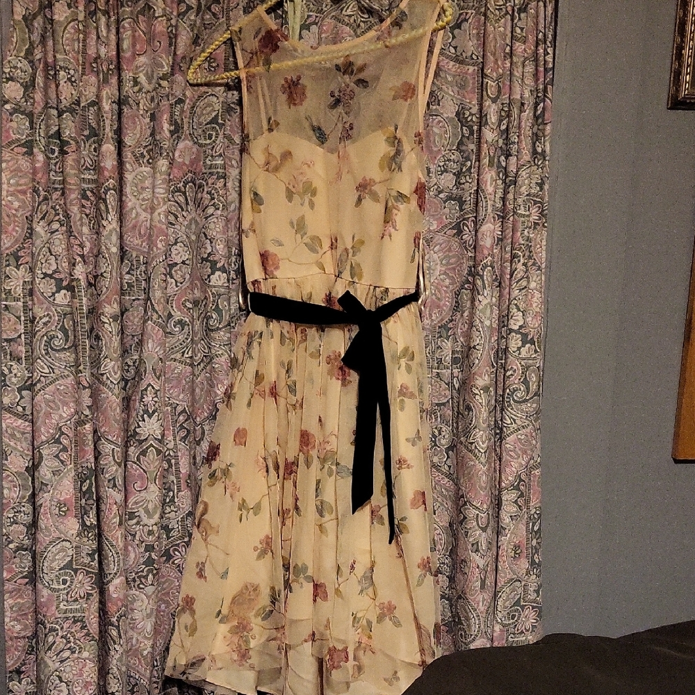 Disney Cream Floral High Low Dress with Black Belt